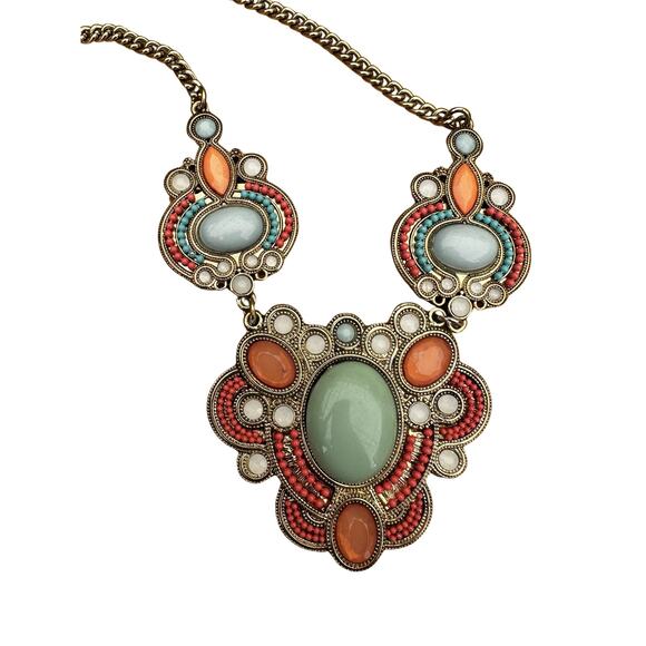 Pink and Teal Beaded Collar Necklace - Picture 1 of 8